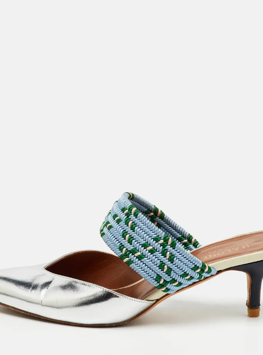Malone Souliers Silver/Blue Metallic Leather and Stretch Band Maisie Mules 37