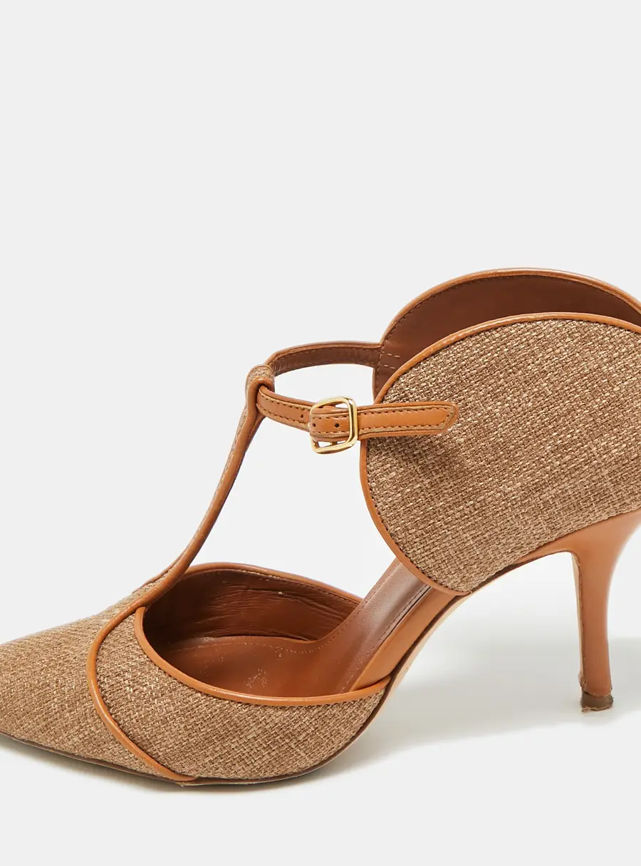 Malone Souliers Imogen Size 38 Brown Leather and Raffia Pointed Toe Pumps