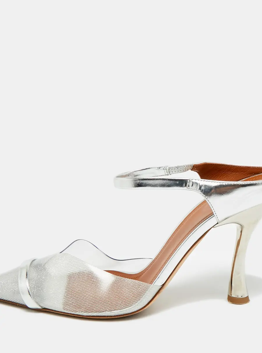 Malone Souliers Iona Size 38.5 Silver PVC and Patent Leather Heel Mules