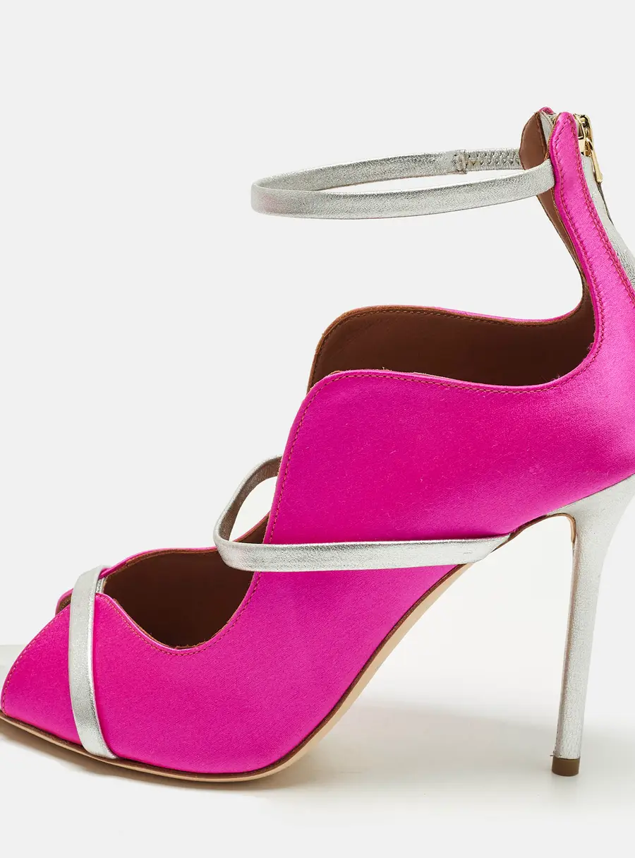 Malone Souliers Mika Size 38 Pink/Silver satin and Metallic Leather Triple Band Pumps