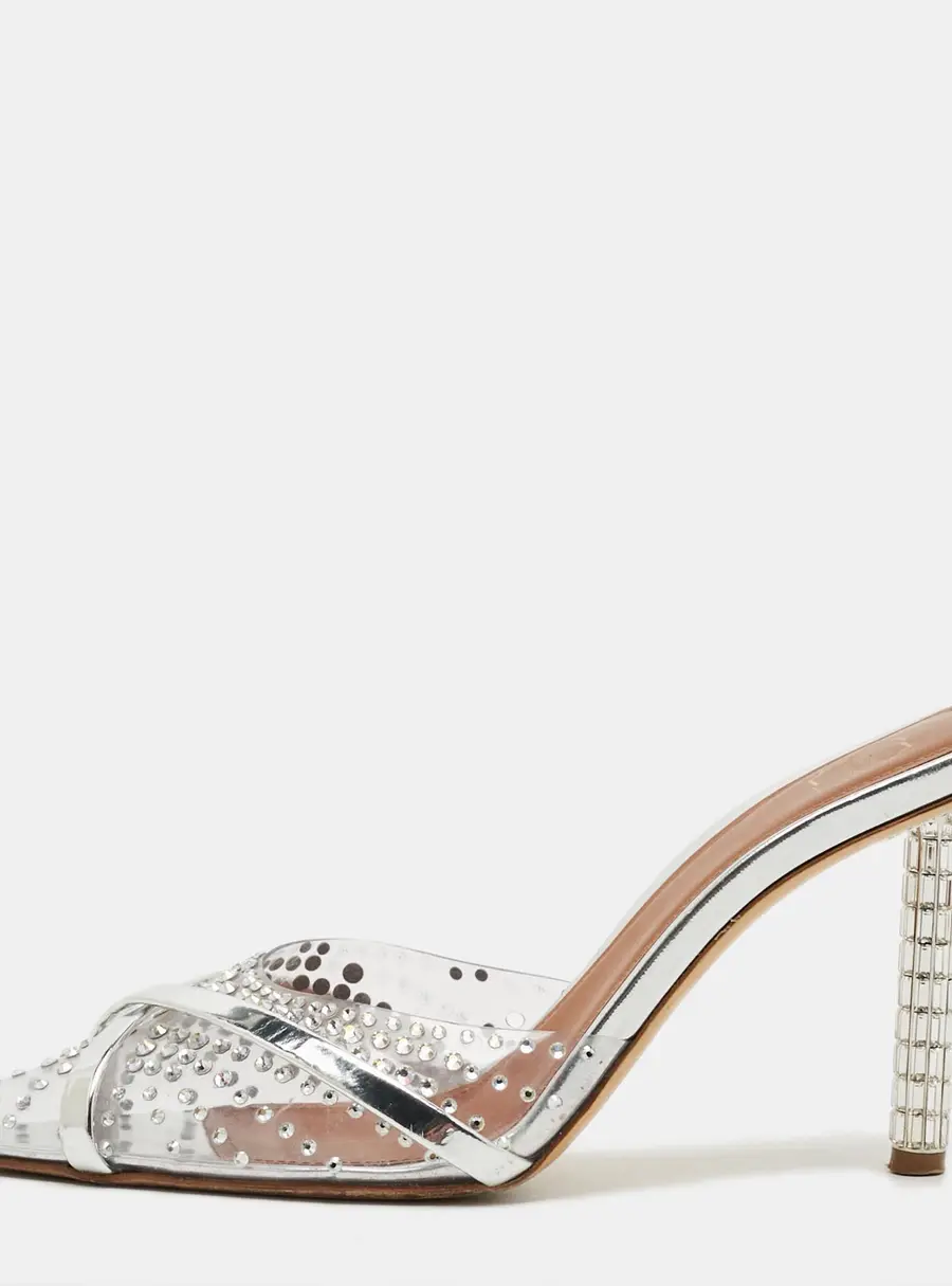 Malone Souliers Josephine Size 37.5 Transparent/Silver Patent Leather and PVC Crystal Embellished Mules