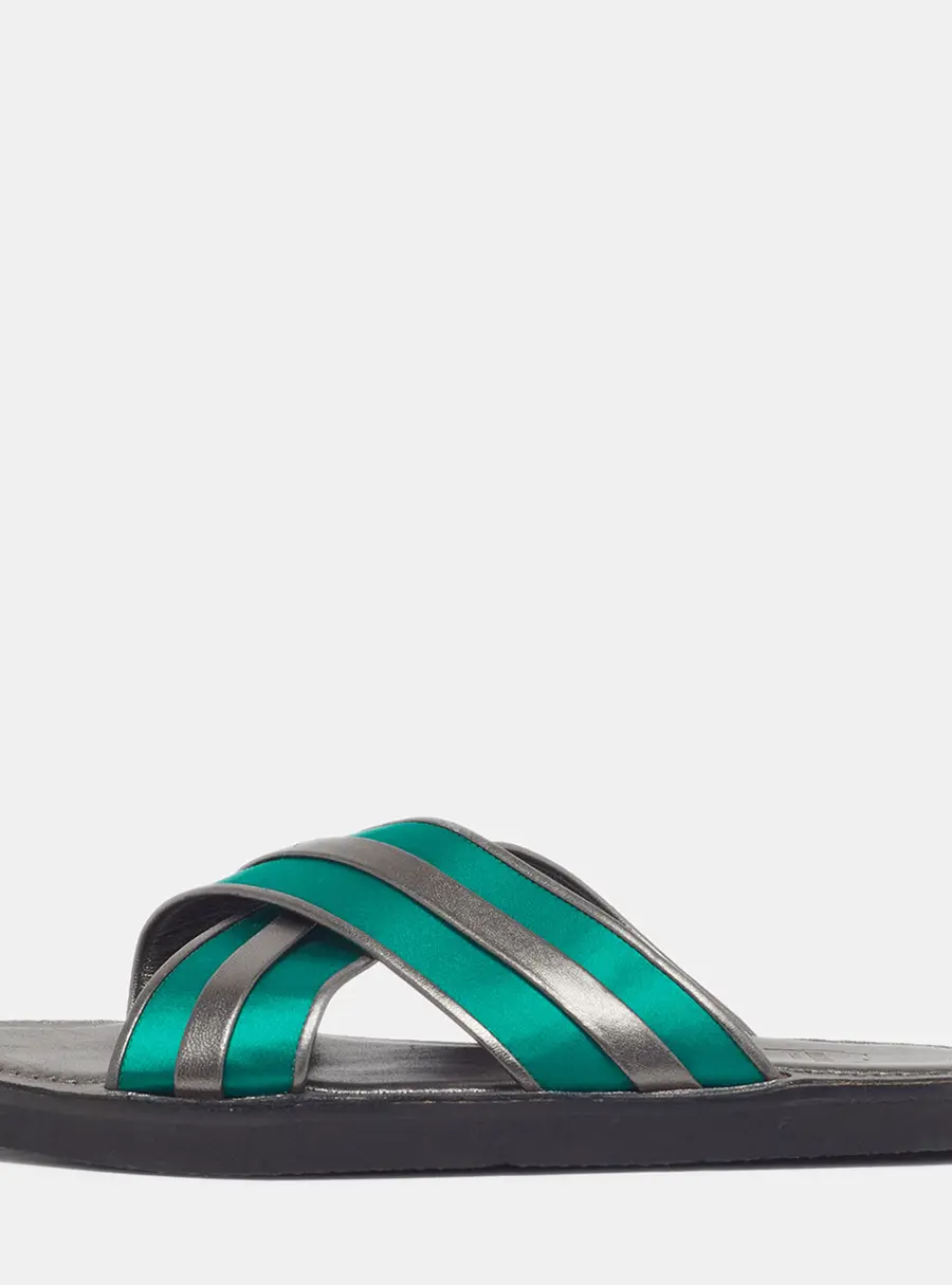 Malone Souliers Gabriel Size 39 Grey/Green Leather and Satin Flat Slides