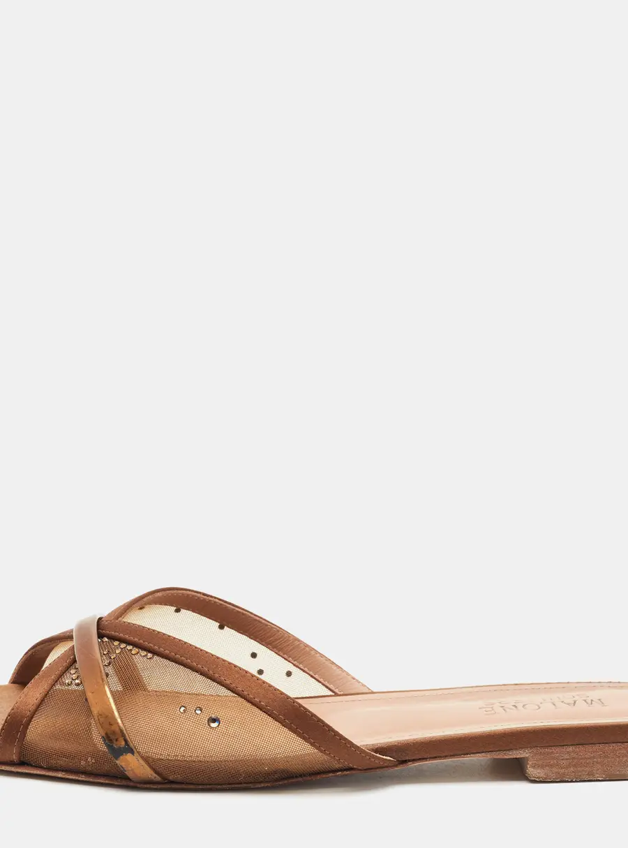 Malone Souliers Perla Size 40 Metallic Gold Leather and Net and Satin Flat Slide