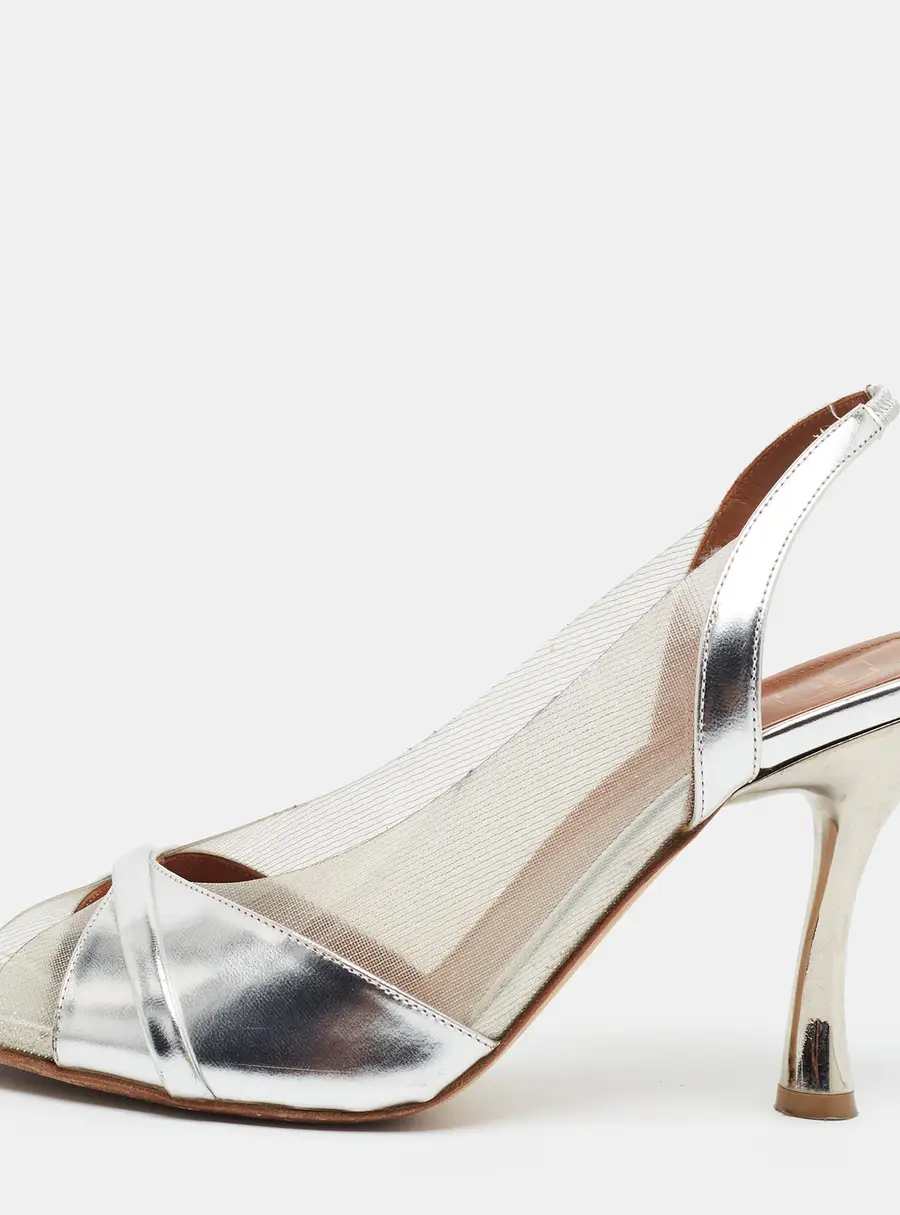 Malone Souliers Perla Size 40 Silver Leather and PVC Slingback Sandals