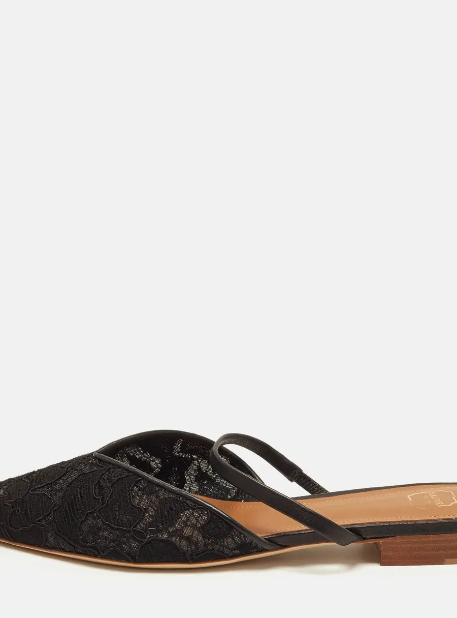 Malone Souliers Maria Size 39 Black Lace and Leather Slingback Flats