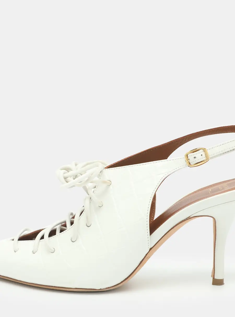 Malone Souliers Alessandra Size 37 White Croc Embossed Leather Lace Up Slingback Pumps