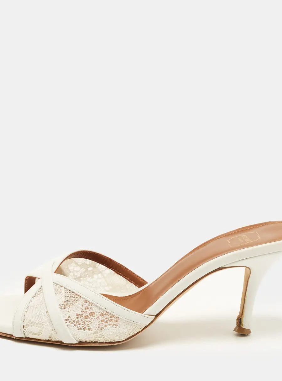 Malone Souliers Perla Size 38 White Lace and Leather Slide Sandals
