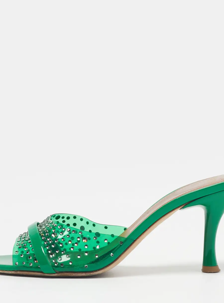 Malone Souliers Julia Size 39 Green PVC and Patent Leather Crystal Embellished Mules