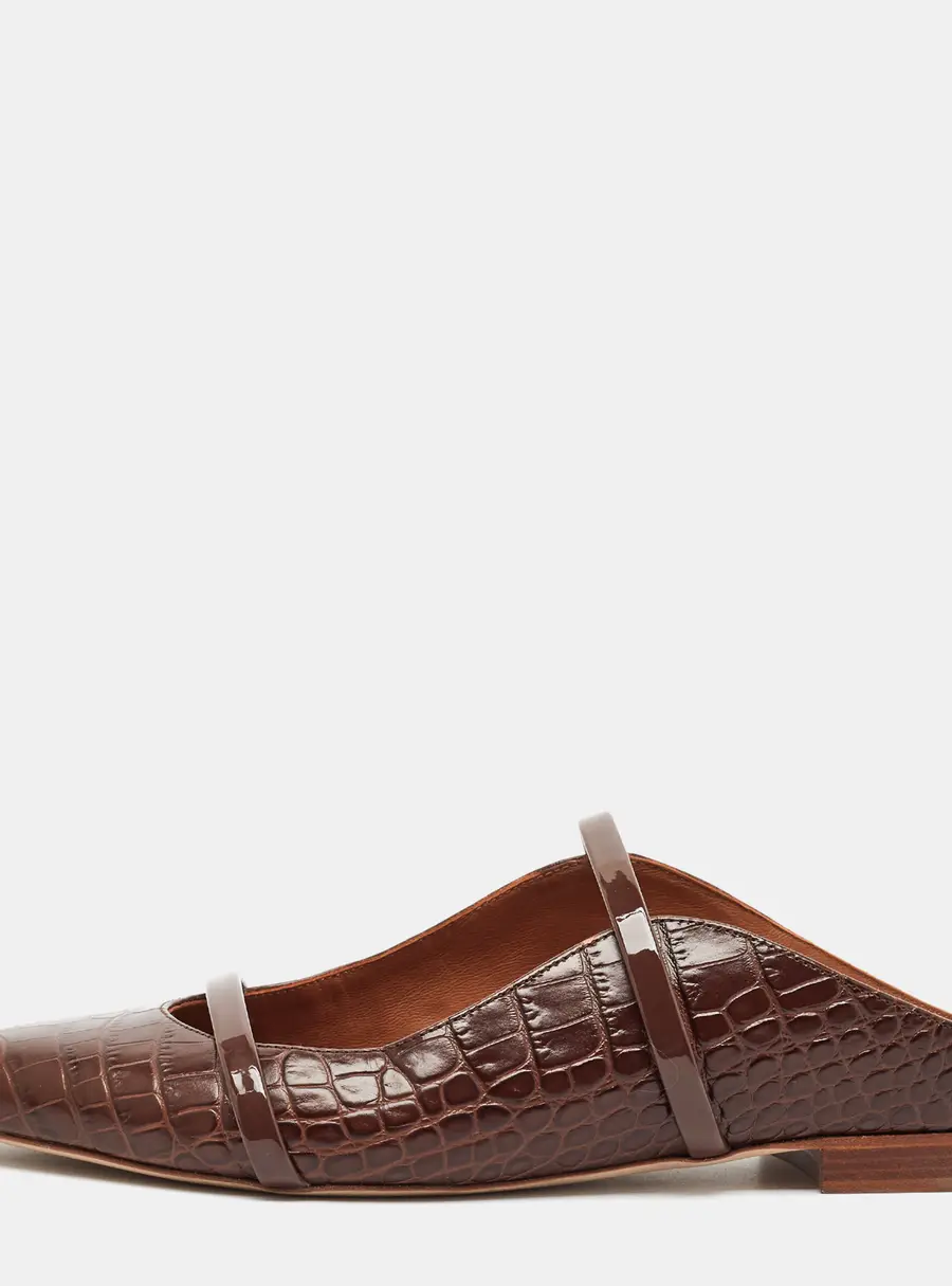 Malone Souliers Maureen Size 40 Dark Brown Croc Embossed Leather Flat Mules
