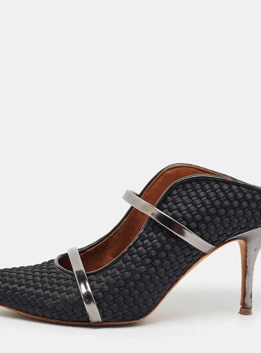 Malone Souliers Maureen Size 40 Black/Metallic Leather and Woven Fabric Mules