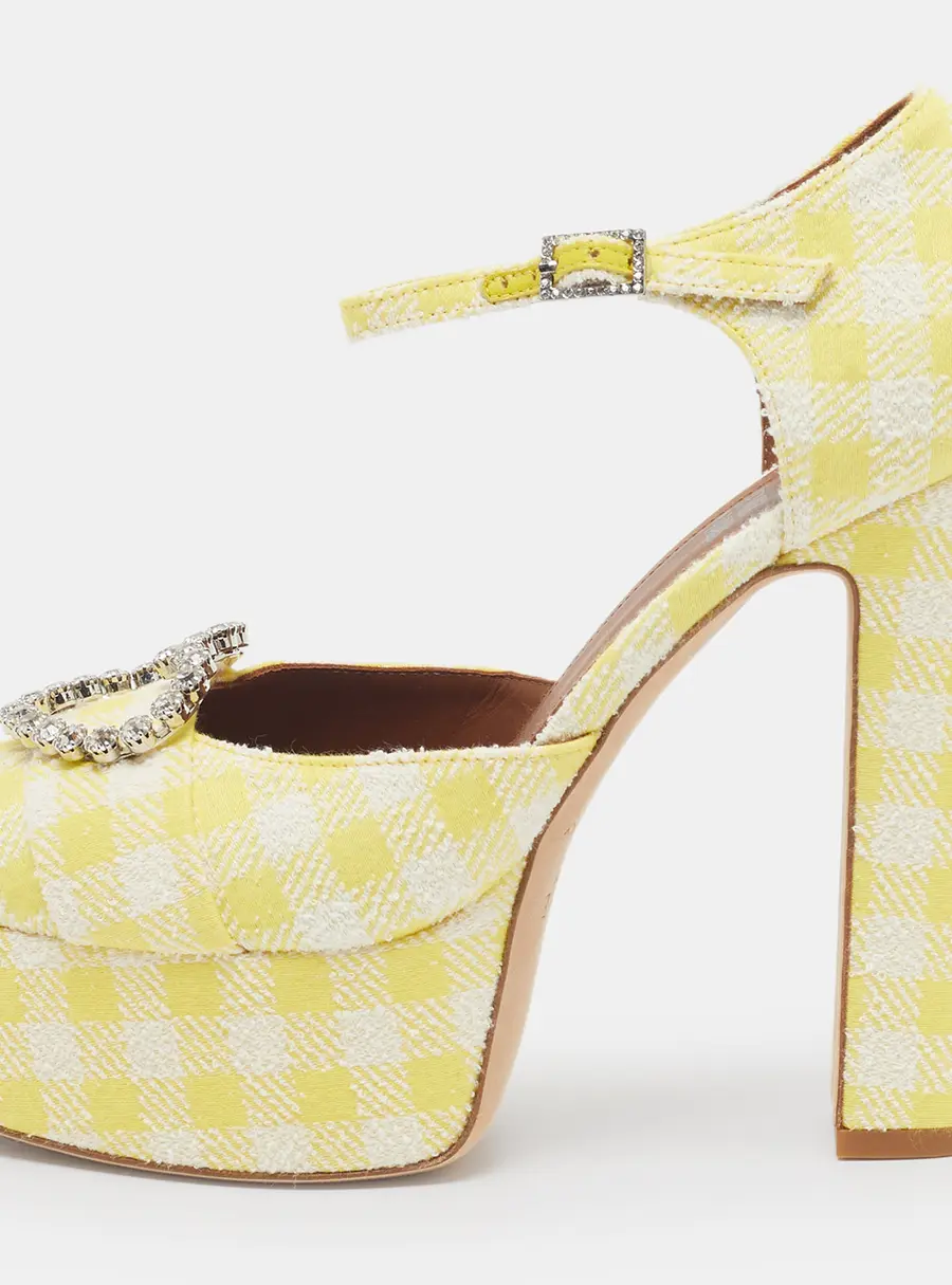Malone Souliers Camille Size 38 Yellow/White Gingham Fabric Platform Block Heel Pumps