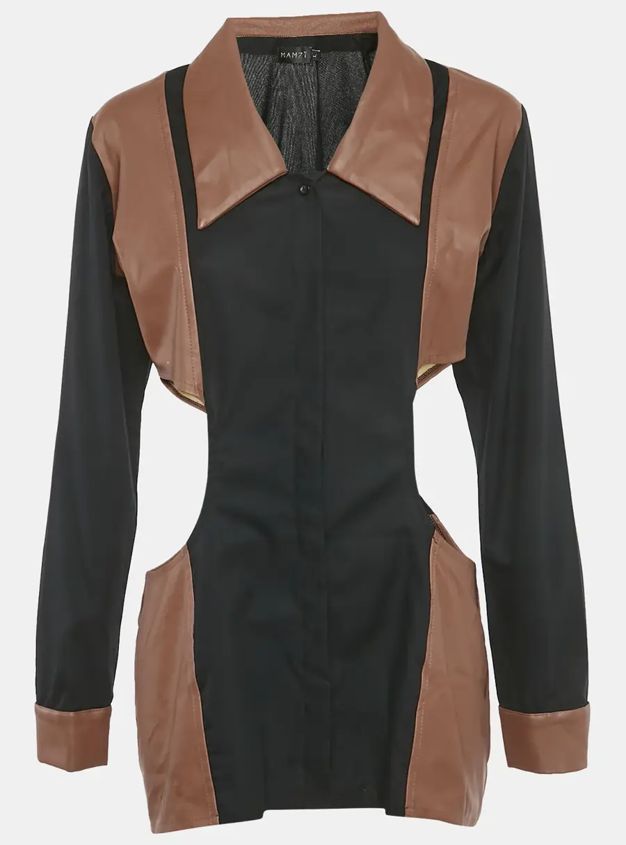 Mamzi Black /Brown Cotton & Leather Cut Out Shirt L