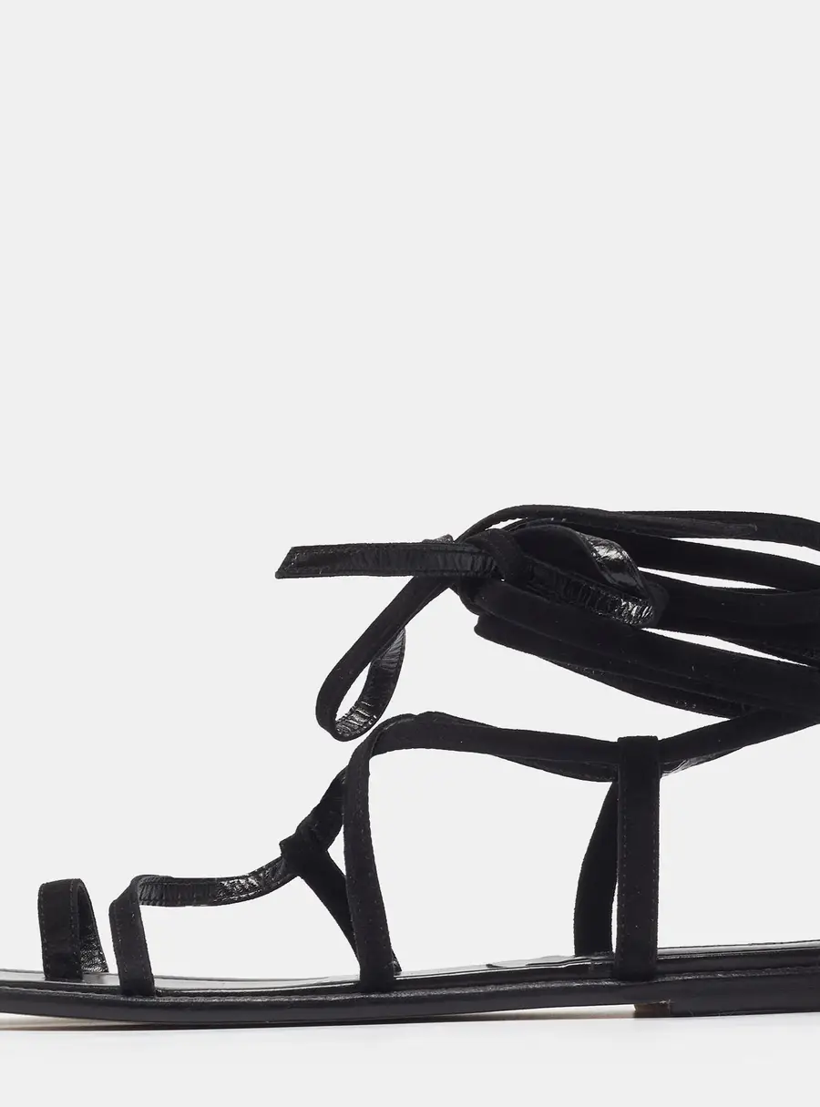 Manolo Blahnik Primathi Size 42 Black Suede Ankle Tie Gladiator Flat Sandals