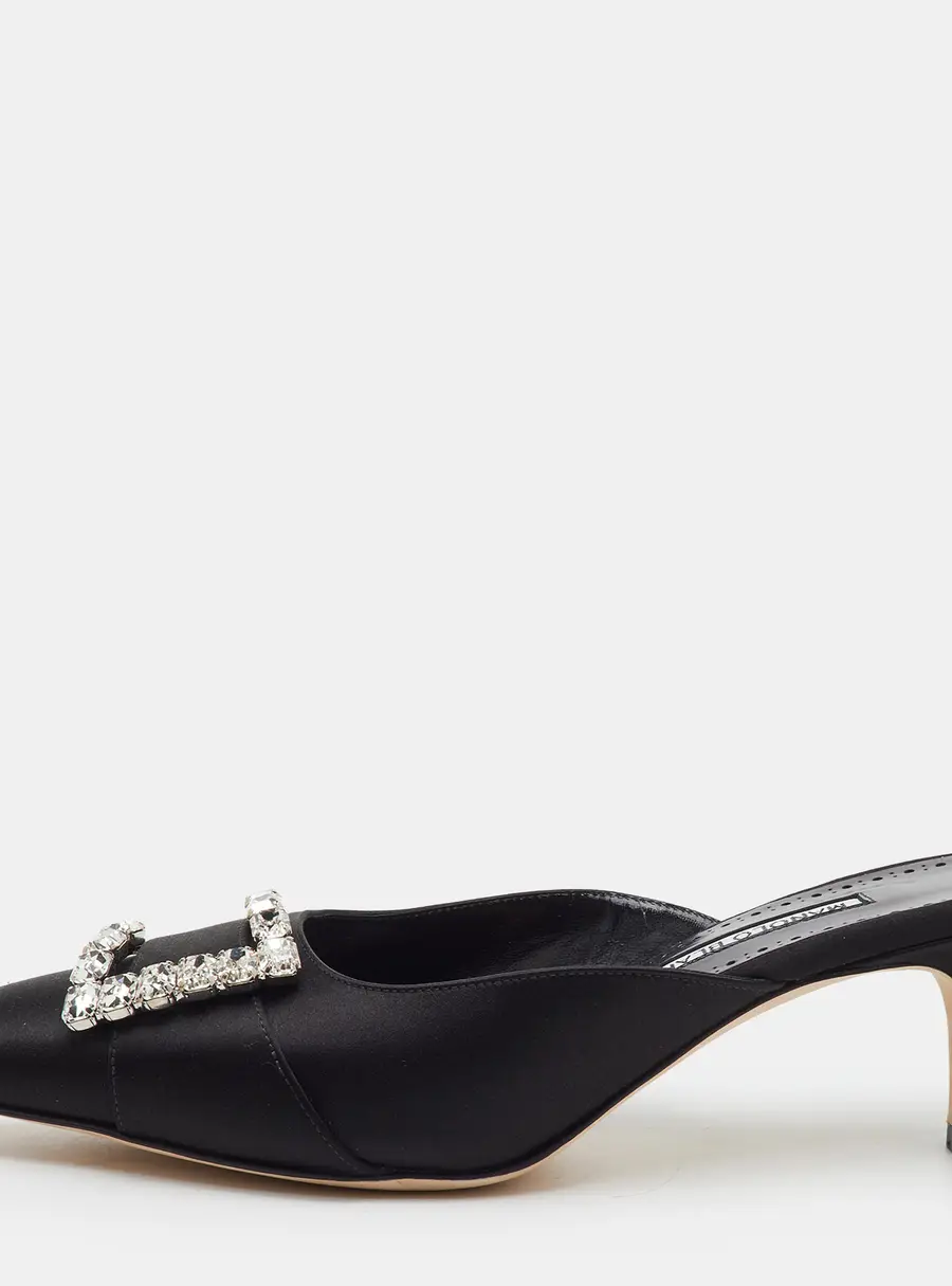Manolo Blahnik Ramimu Size 38 Black Satin Crystal Embellished Pointed Toe Mules