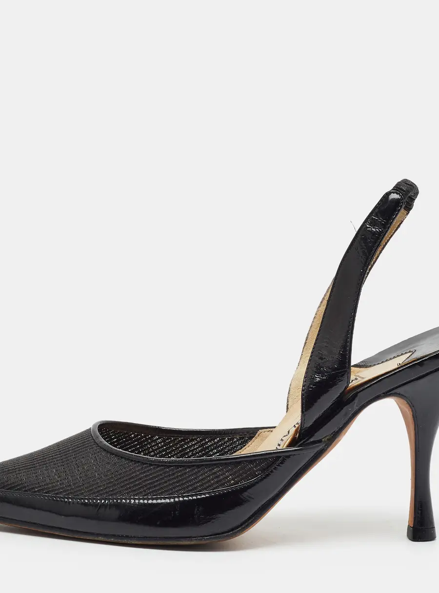 Manolo Blahnik Carolyne Size 37 Black Leather and Mesh Slingback Pumps