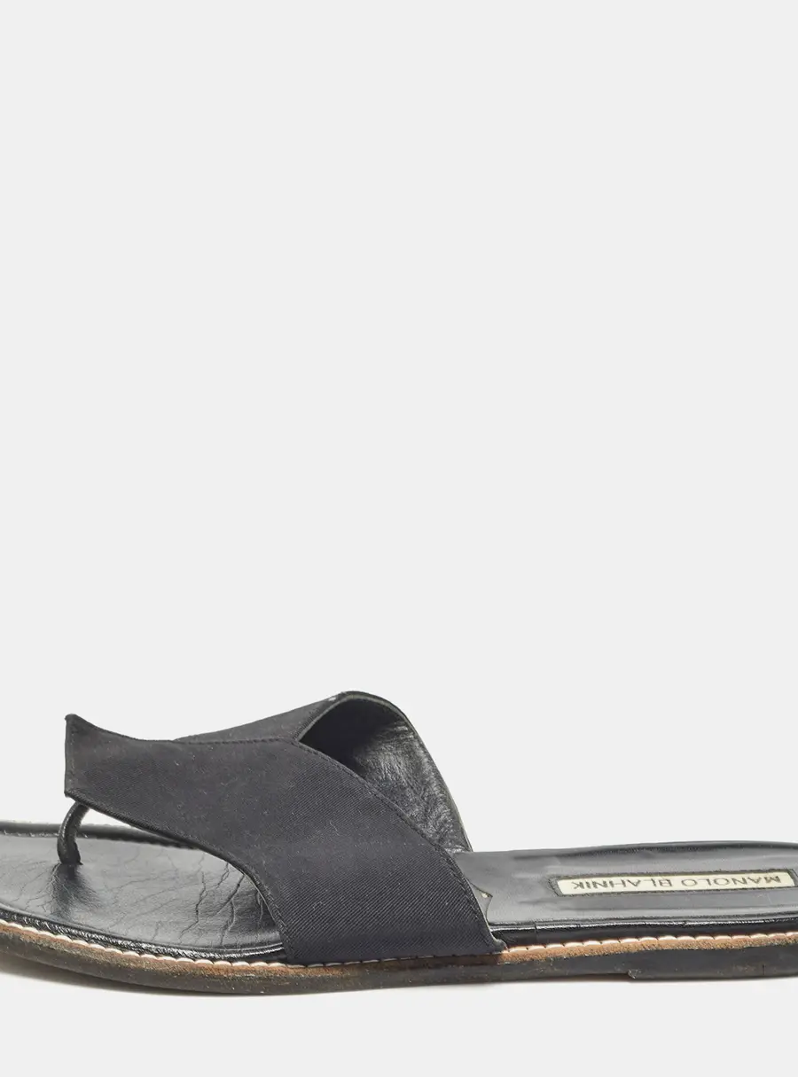 Manolo Blahnik Black Canvas Thong Flat Slides Size 37.5