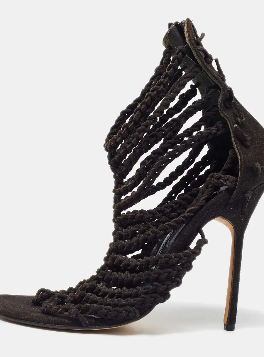 Manolo Blahnik Black Suede Braided Ankle Strap Sandals Size 36.5