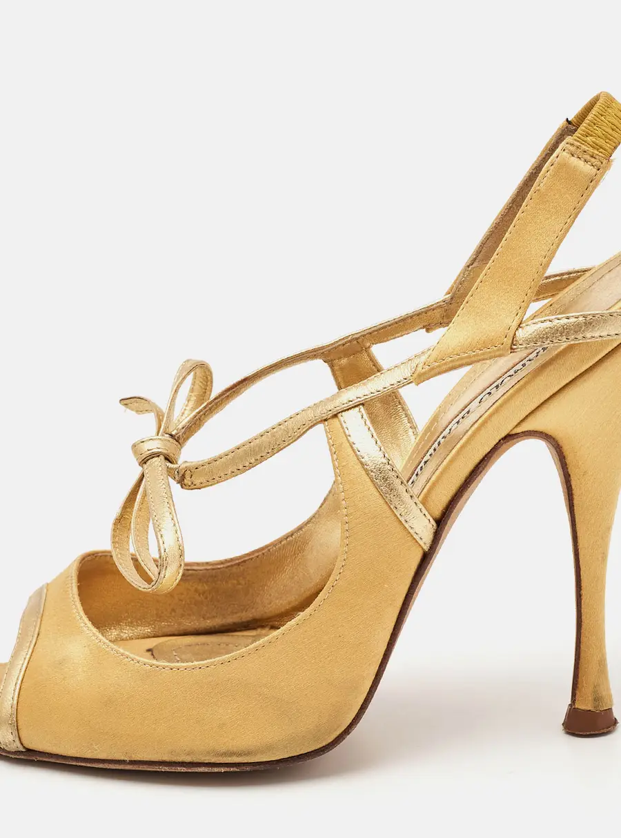 Manolo Blahnik Gold Satin and Leather Bow Slingback Sandals Size 37.5