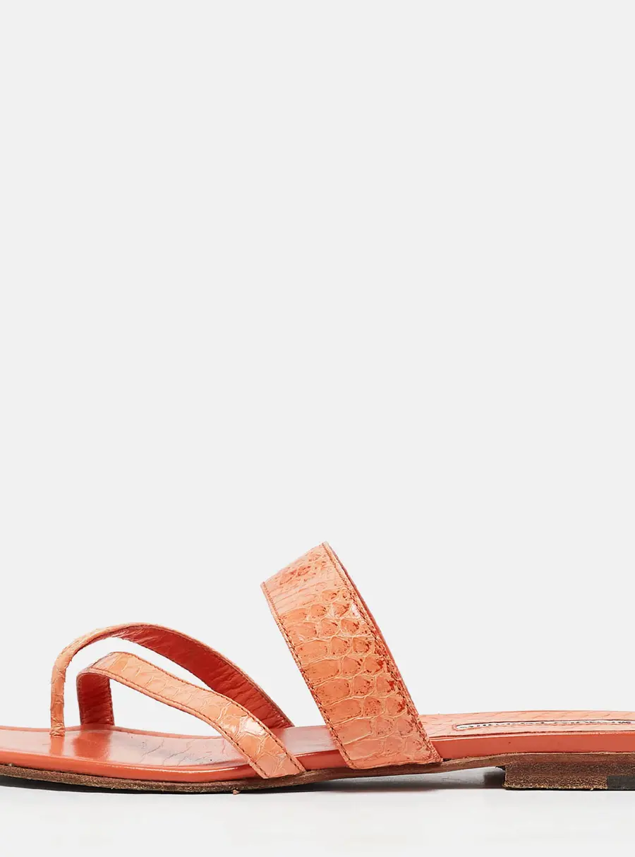 Manolo Blahnik Orange Python Leather Susa Flat Sandals Size 38