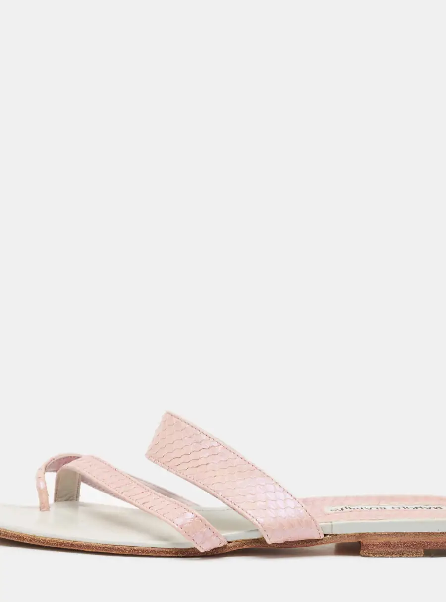Manolo Blahnik Pink Python Leather Susa Flat Slides Size 38