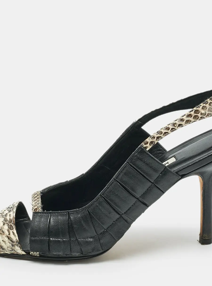 Manolo Blahnik Black/Beige Leather and Water snake Slingback Sandals Size 38