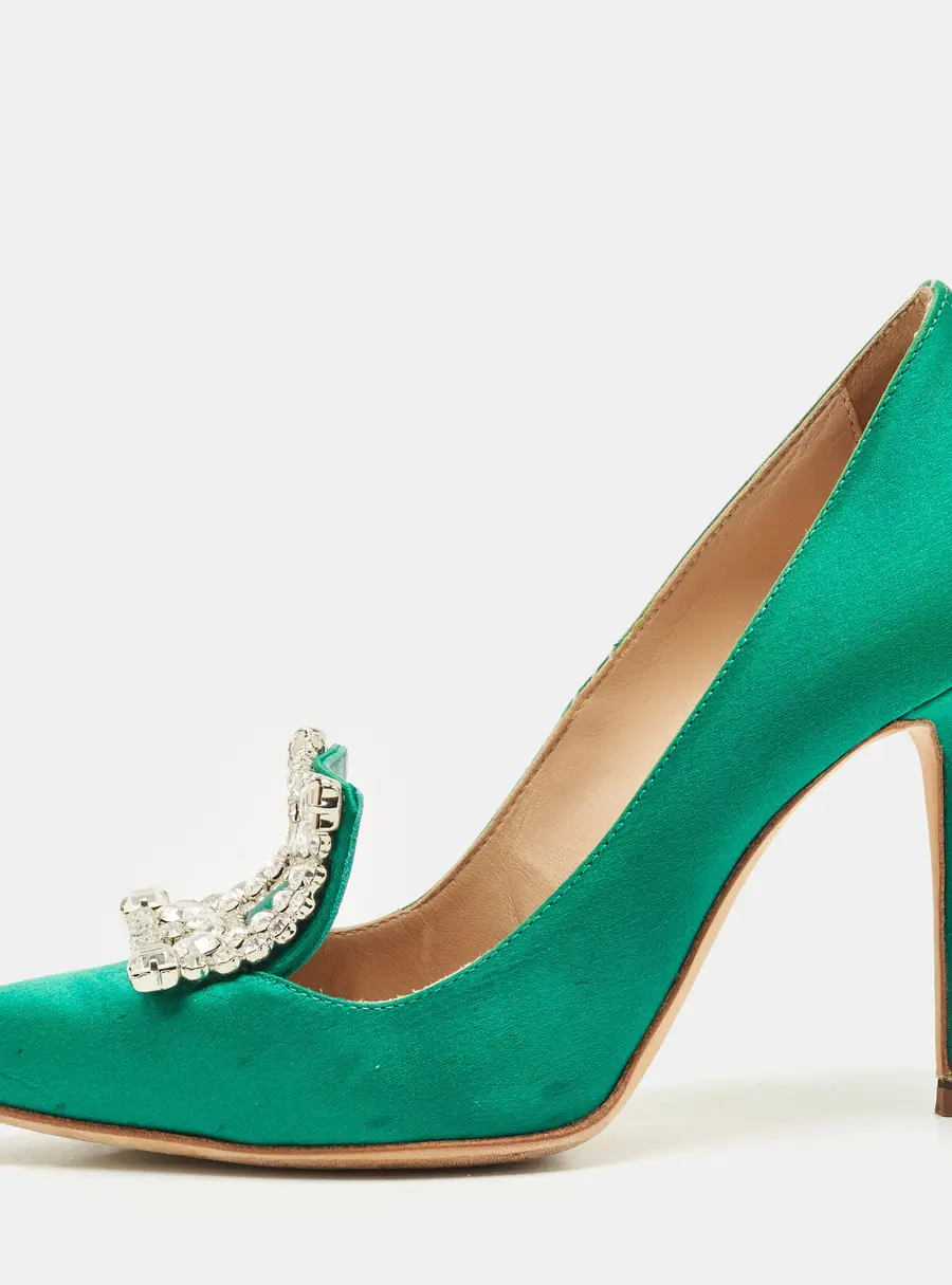 Manolo Blahnik Green Satin Borlak Crystal Embellished Pumps Size 34.5