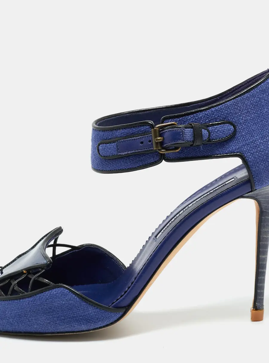 Manolo Blahnik Navy Blue Fabric and Patent Leather Ankle Strap Sandals Size 37.5