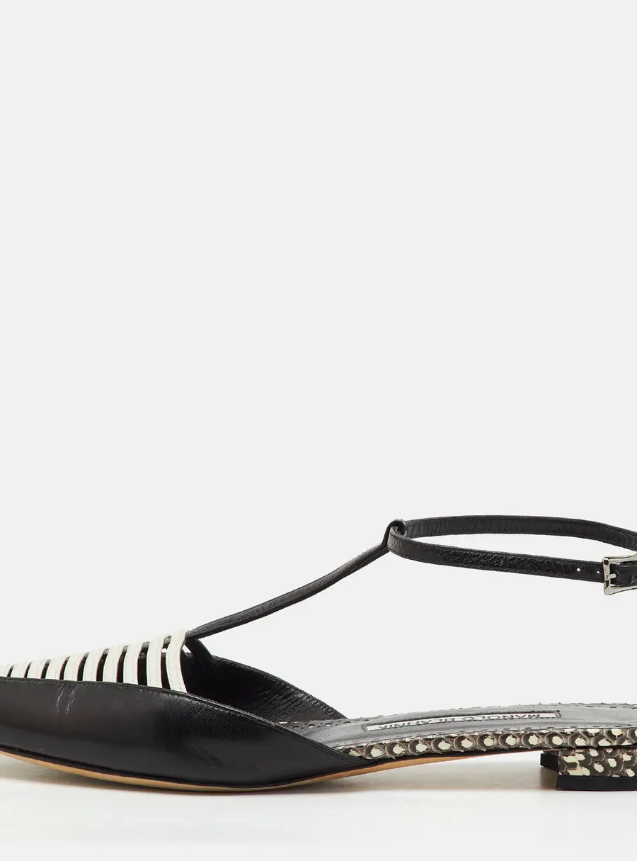 Manolo Blahnik Black/White Leather Carolyne Flat Strappy Sandals Size 36