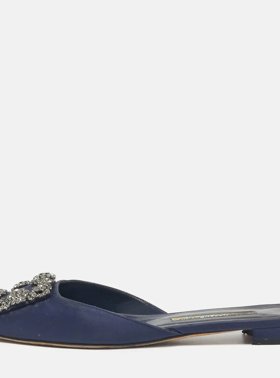Manolo Blahnik Navy Blue Satin Hangisi Crystal Embellished Flat Mules Size 36.5