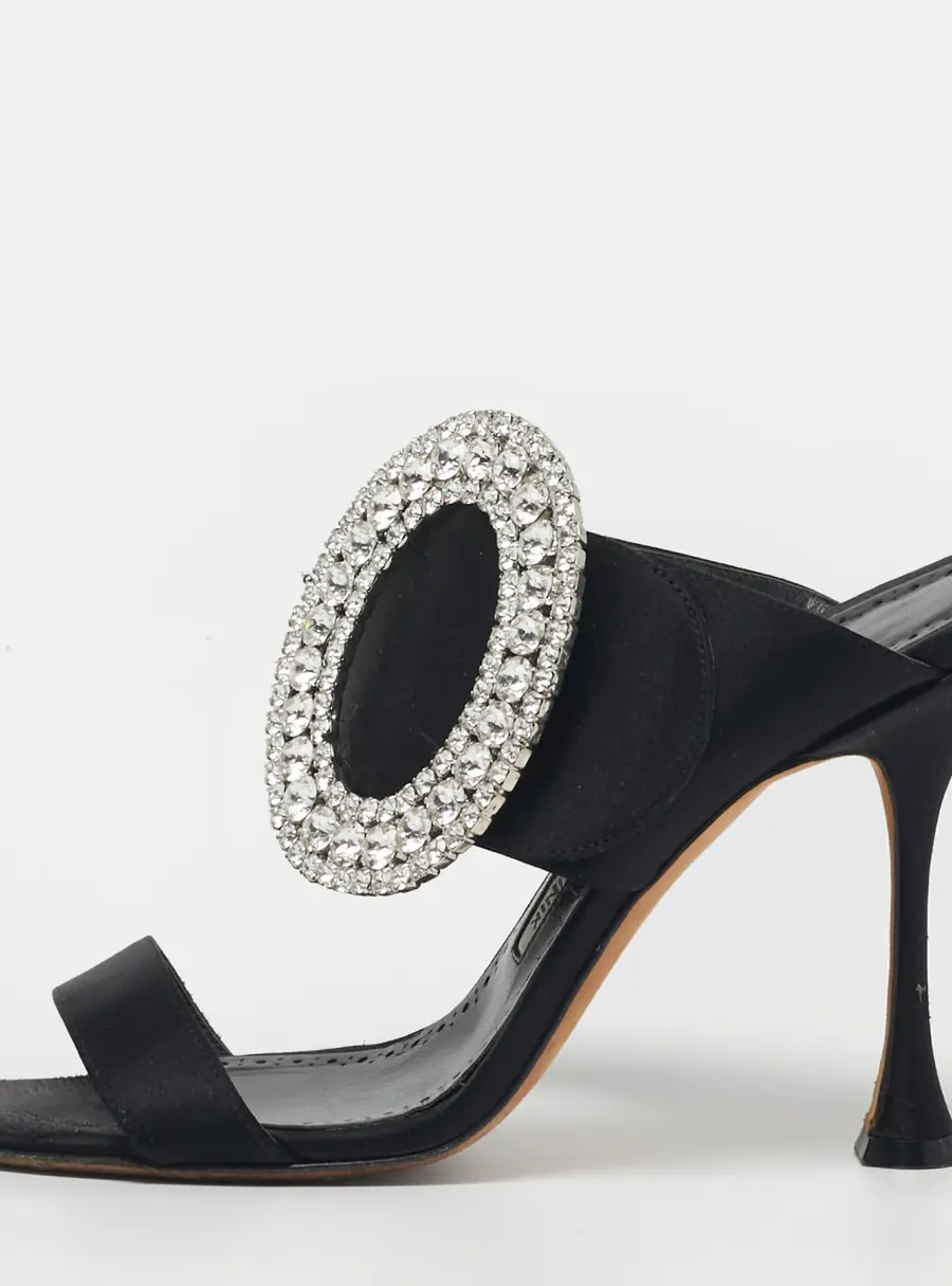 Manolo Blahnik Fibiona Size 37.5 Black Satin Crystal Embellished Slide Sandals