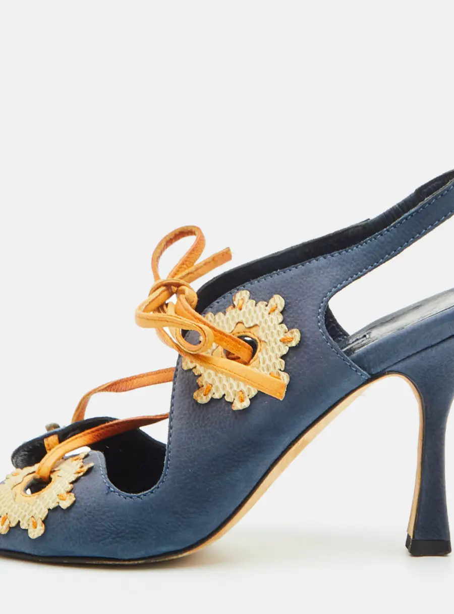 Manolo Blahnik Floral Applique Size 36 Navy Blue Leather and Lizard Slingback Sandals
