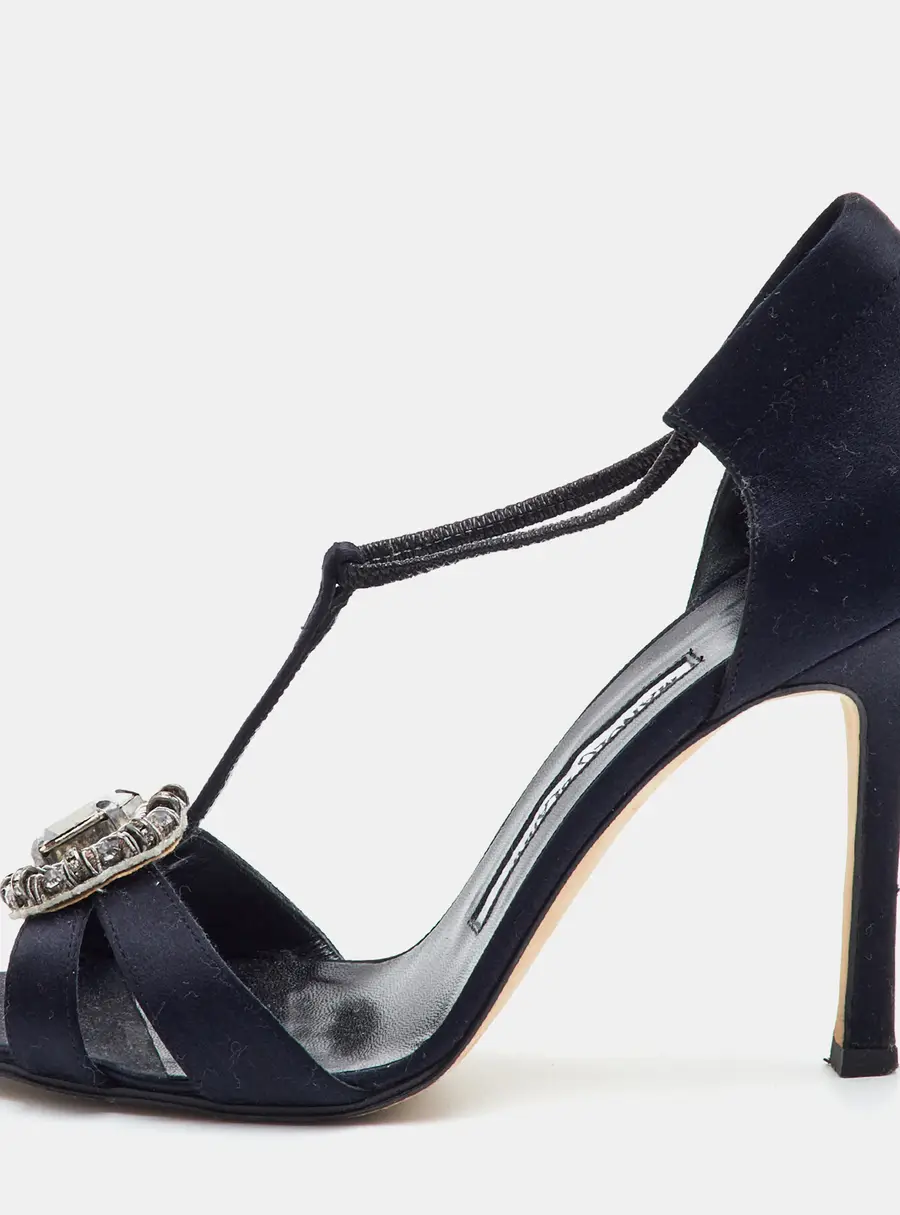 Manolo Blahnik Size 37.5 Black Satin Crystal Embellished Ankle Strap Sandals