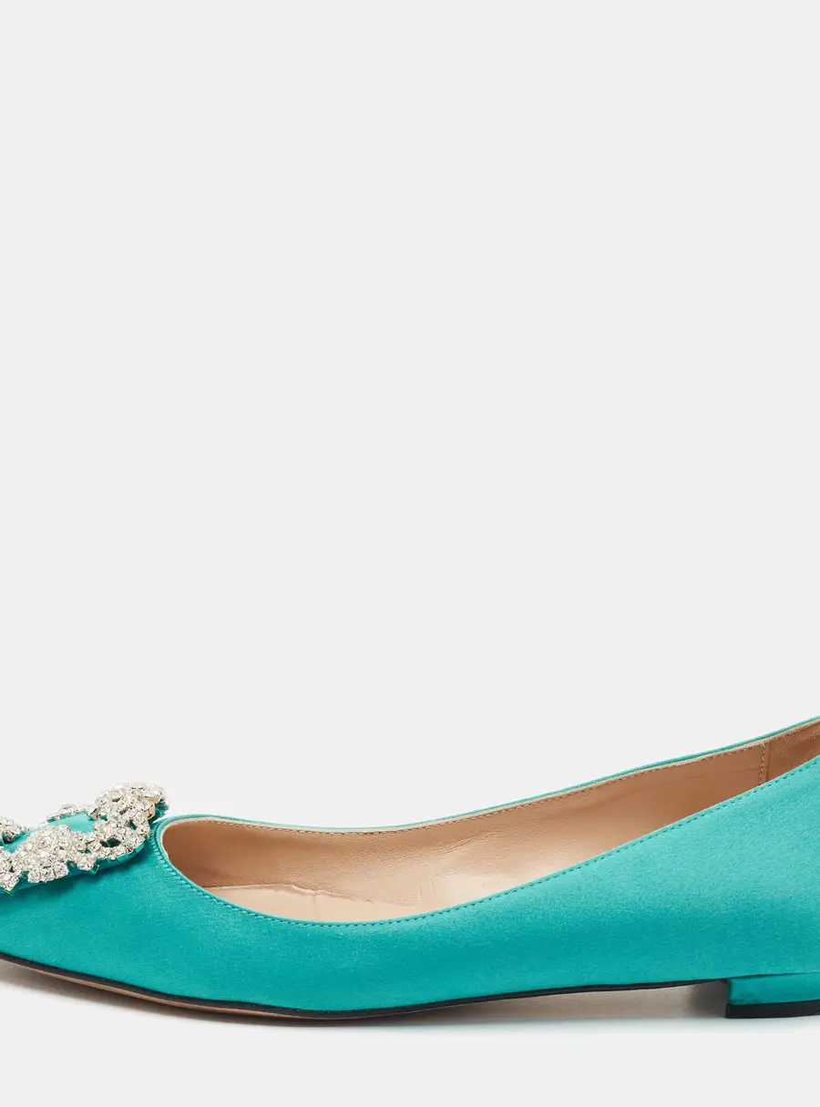 Manolo Blahnik Hangisi Size 35.5 Teal Satin Ballet Flats
