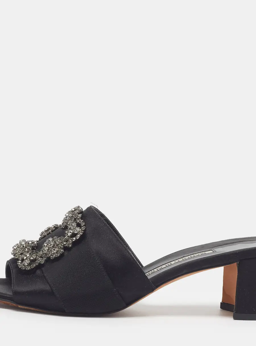Manolo Blahnik Martanew Size 39.5 Black Satin Slide Sandals