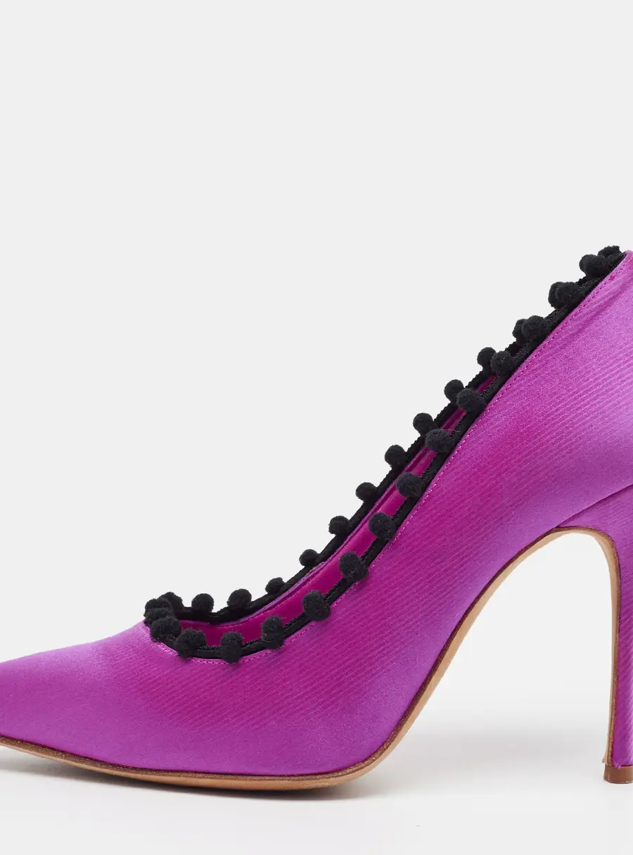 Manolo Blahnik BB Size 38 Pink/Black Satin Pom Pom Pumps