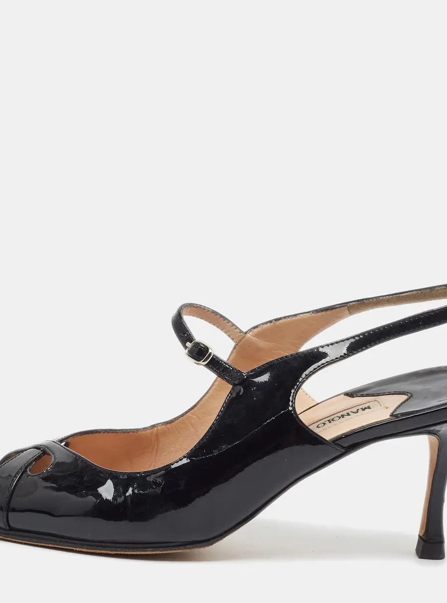 Manolo Blahnik Size 37 Black Patent Leather Slingback Open Toe Mary Jane Sandals