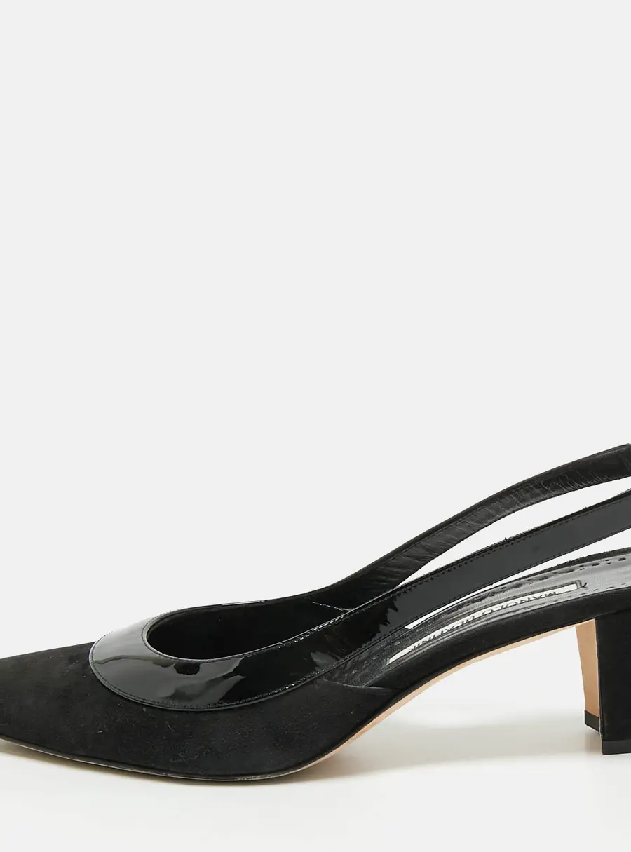 Manolo Blahnik Size 41 Black Suede and Patent Slingback Pumps