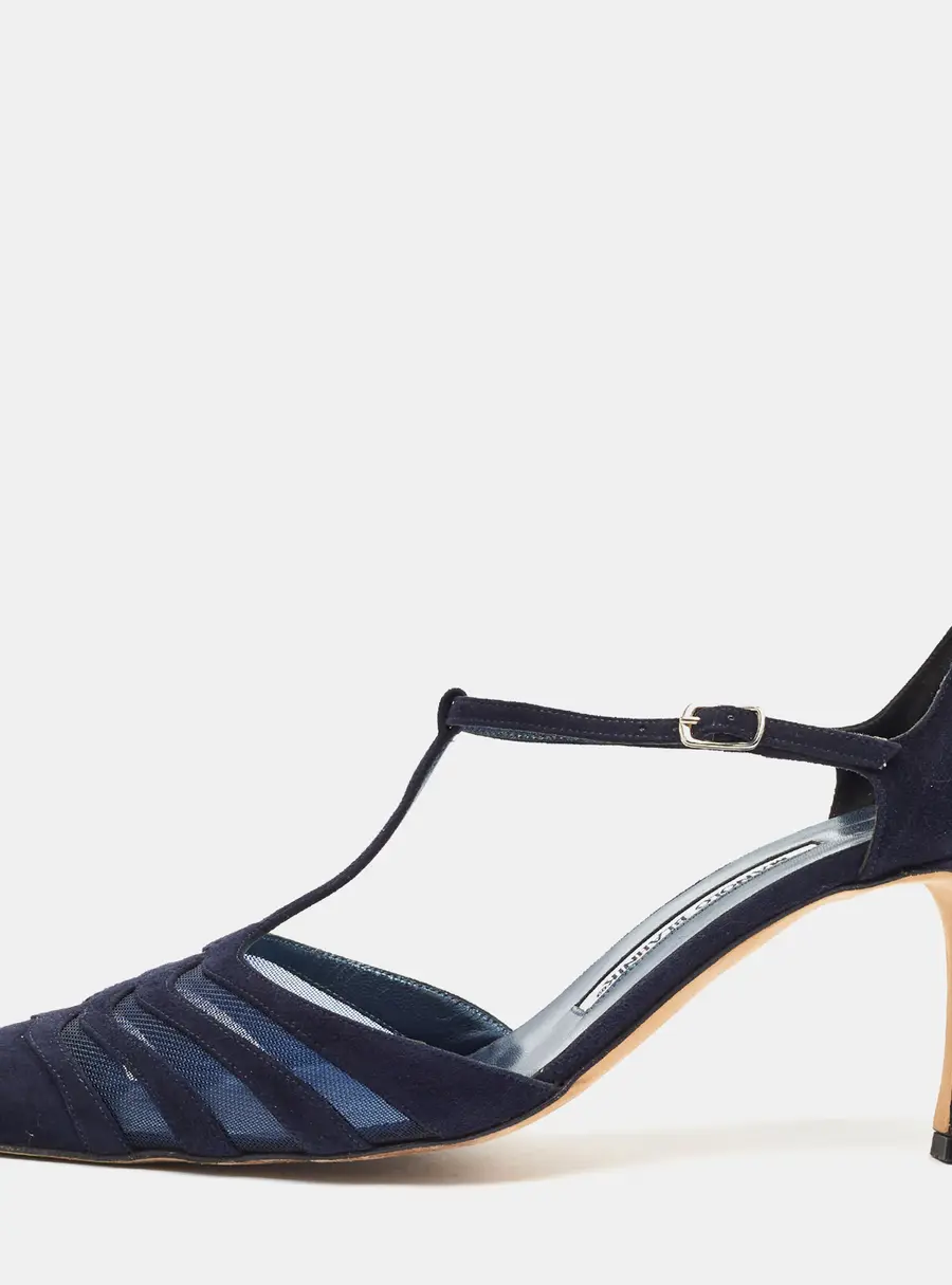 Manolo Blahnik Size 40 Navy Blue Net and Suede T Strap Jane Pumps