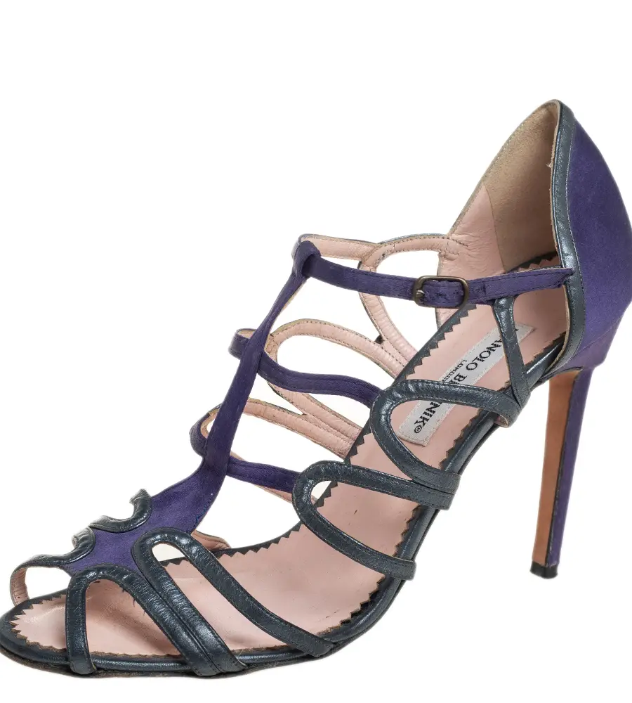 Manolo Blahnik Purple/Grey  Leather And Satin Cage Sandals Size 40