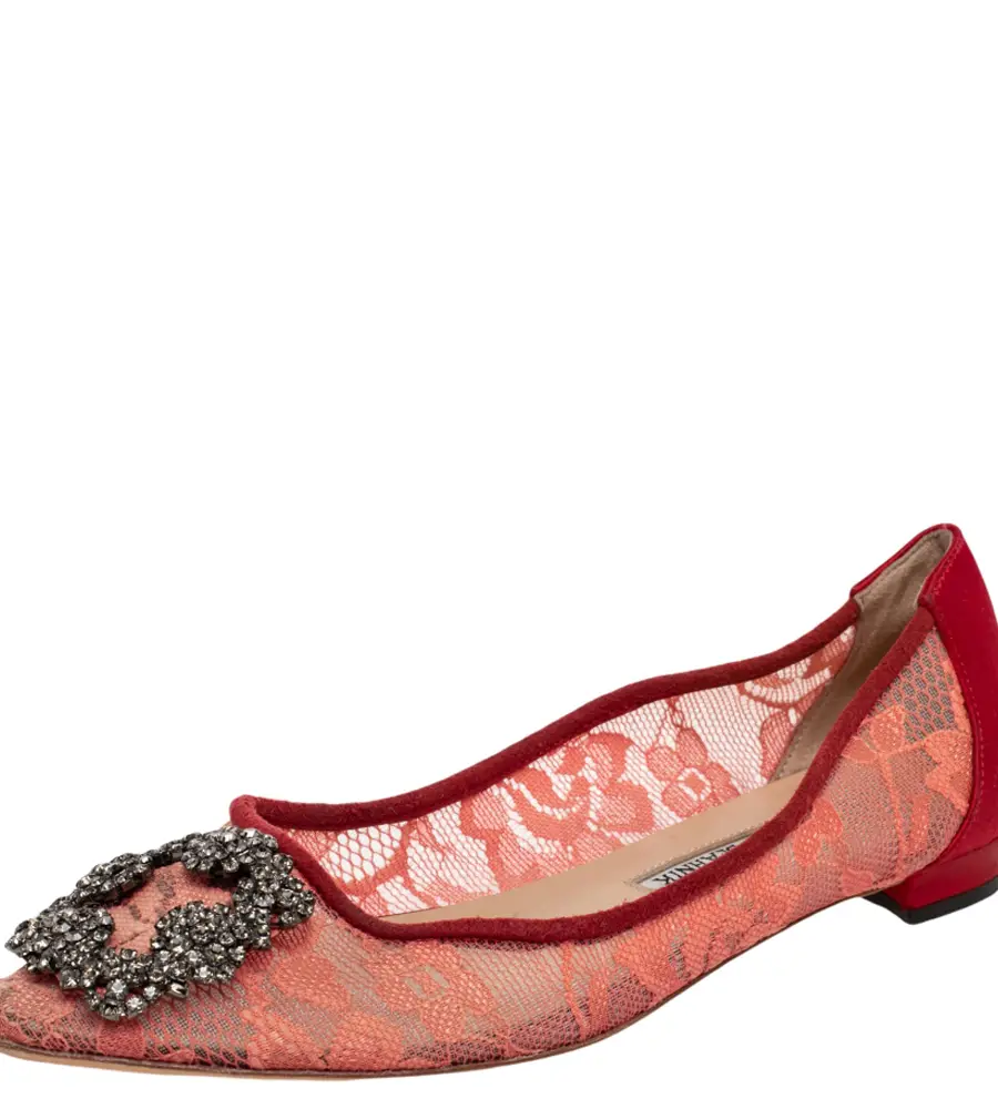 Manolo Blahnik Red Lace And Satin Hangisi Ballet Flats Size 36