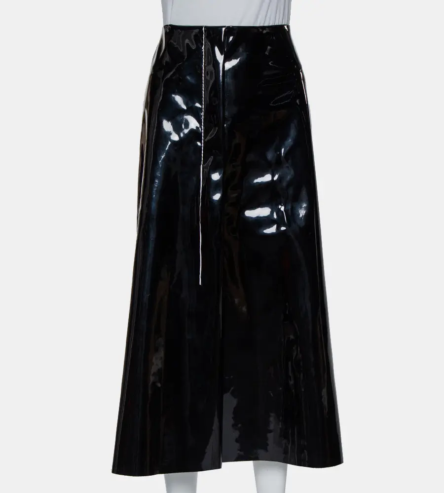 Marni Black Faux Patent Leather Hanging Thread Detail Midi Skirt M