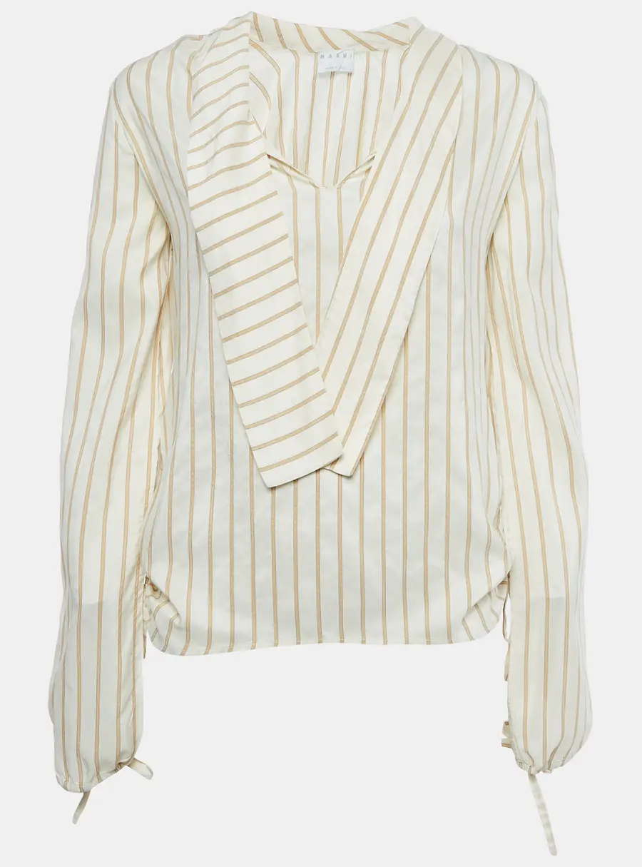 Marni Cream Stripe Silk Neck Tie-Up Detail Blouse S