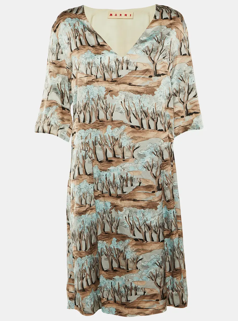 Marni Brown Printed Satin Pleated Shift Dress L
