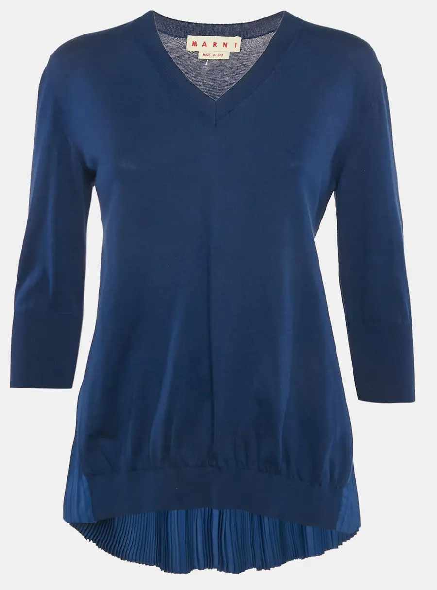 Marni Royal Blue Cotton Knit and Silk Pleated Asymmetric Top M