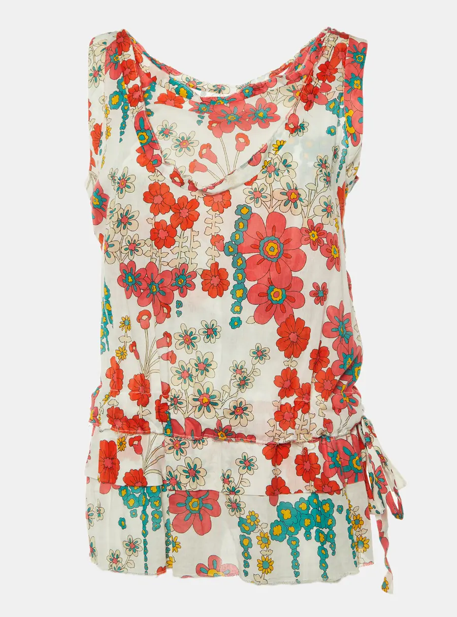 Marni White/Red Floral Print Cotton Peplum Top M