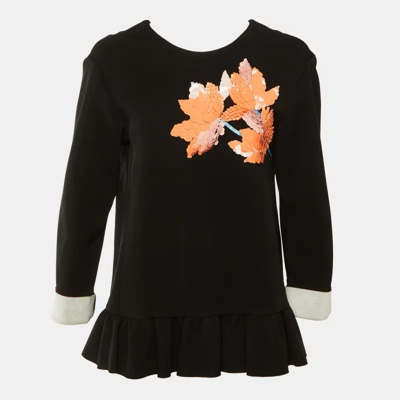 Marni Black Jersey Floral Sequin Detail Ruffled Blouse S