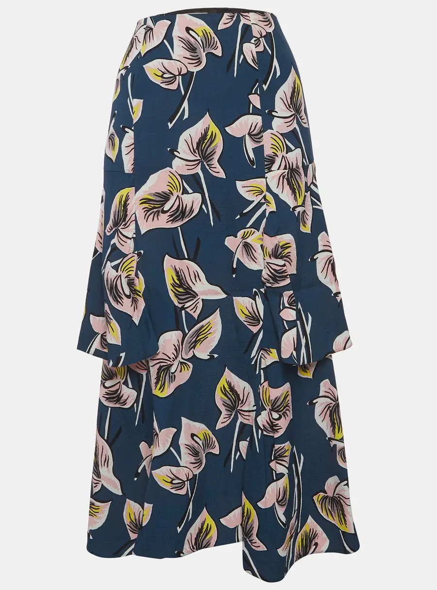 Marni Blue Floral Print Crepe Ruffled Maxi Shirt M
