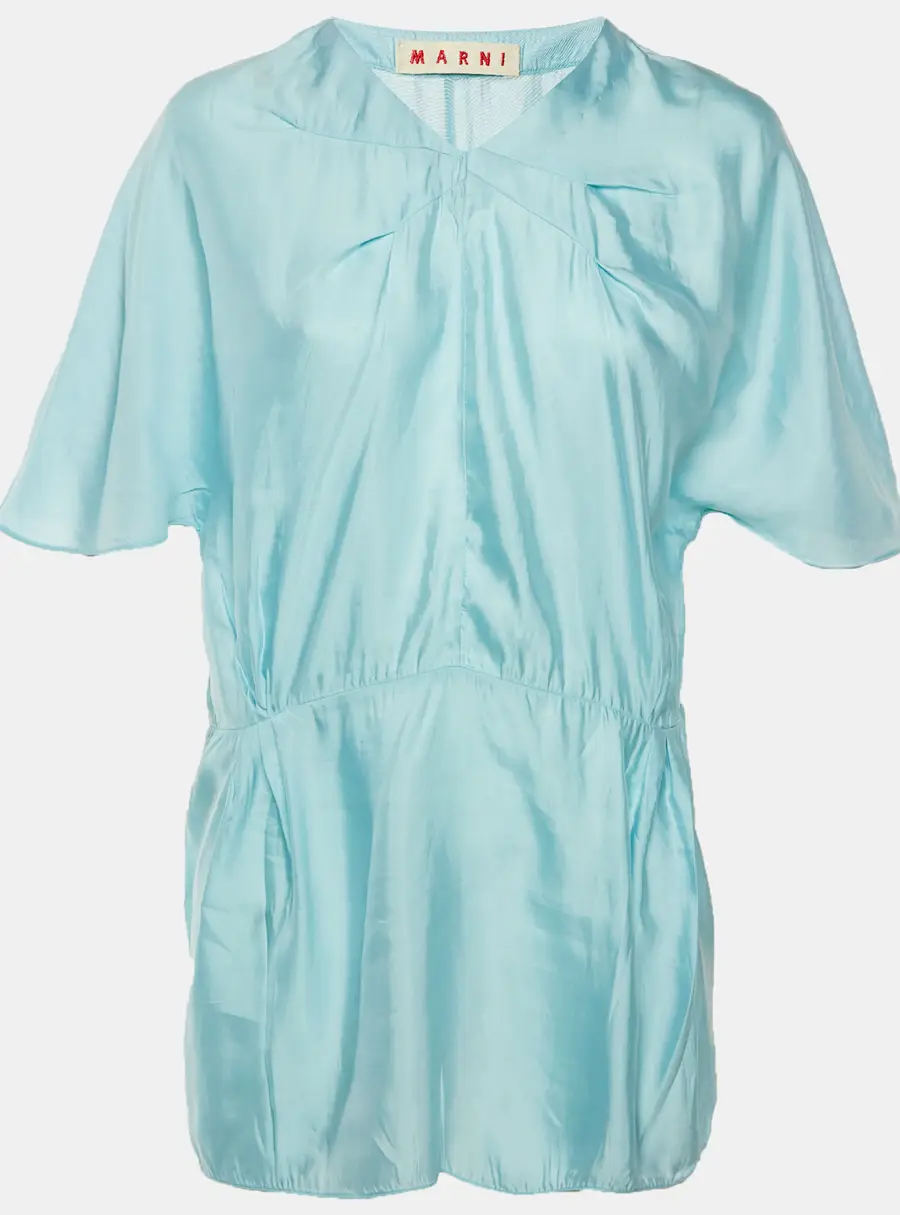Marni Blue Sateen V-Neck Tunic Blouse L