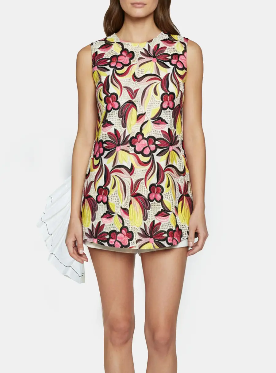 Marni Multicolor Floral Embroidered Cotton Asymmetric Top S