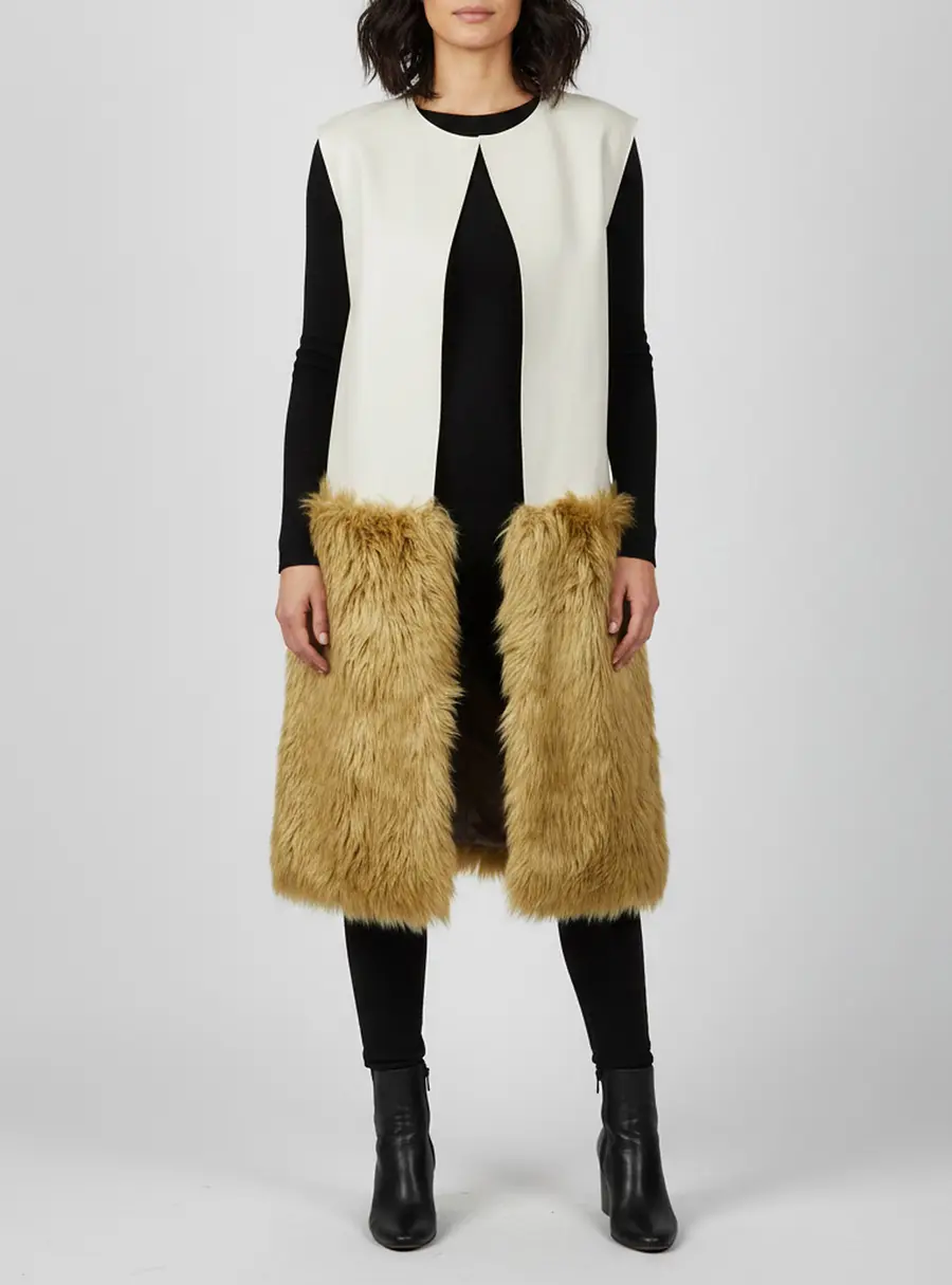 Marni Two Tone Leather and Fur Open Front Long Vest Coat S